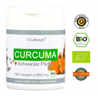 Vivameo ® Bio Kurkuma 180 - 360 Kapseln à 650 mg mit Bio schwarzem Pfeffer, Curcumin