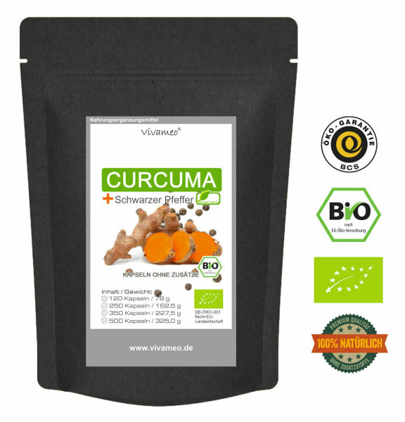 Vivameo ® Bio Kurkuma Kapseln à 650 mg mit schwarzem Pfeffer, Curcuma, Curcumin