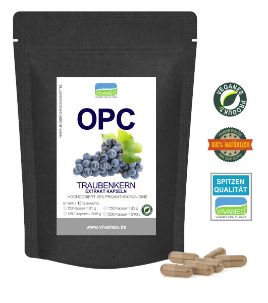 Vivameo ® OPC Traubenkernextrakt 95% Kapseln à 620 mg ohne Zusätze mit Zertifikat