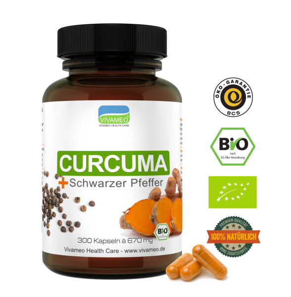Bio Kurkuma Kapseln à 673 mg mit Bio schwarzem Pfeffer Piperin, Curcumin Vivameo ® • (202 g) 300 Kapseln