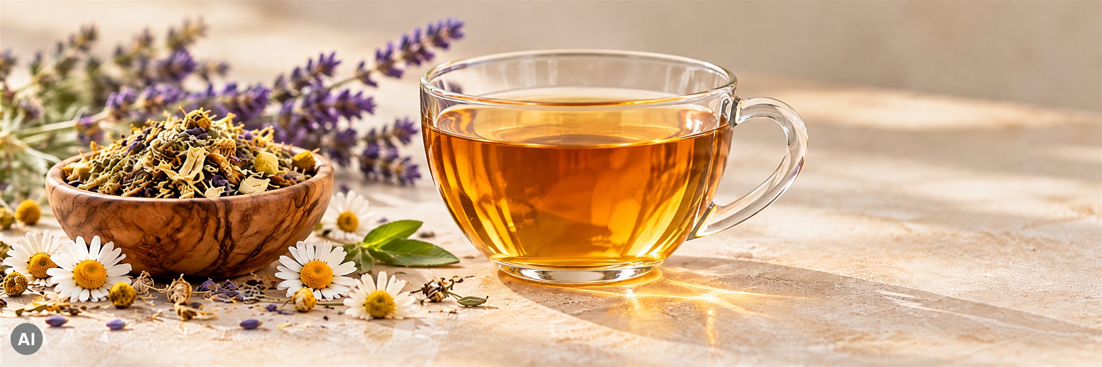 Kräutertee im Glas mit getrockneten Kräutern und Blüten