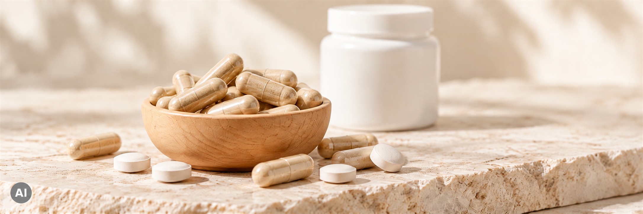 Nahrungsergänzungsmittel in einer Holzschale mit Kapseln und Tabletten